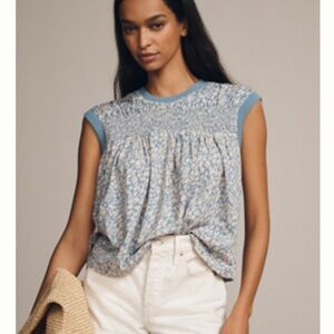 Anthropologie Blue Floral Pattern Smocked Yolk Top